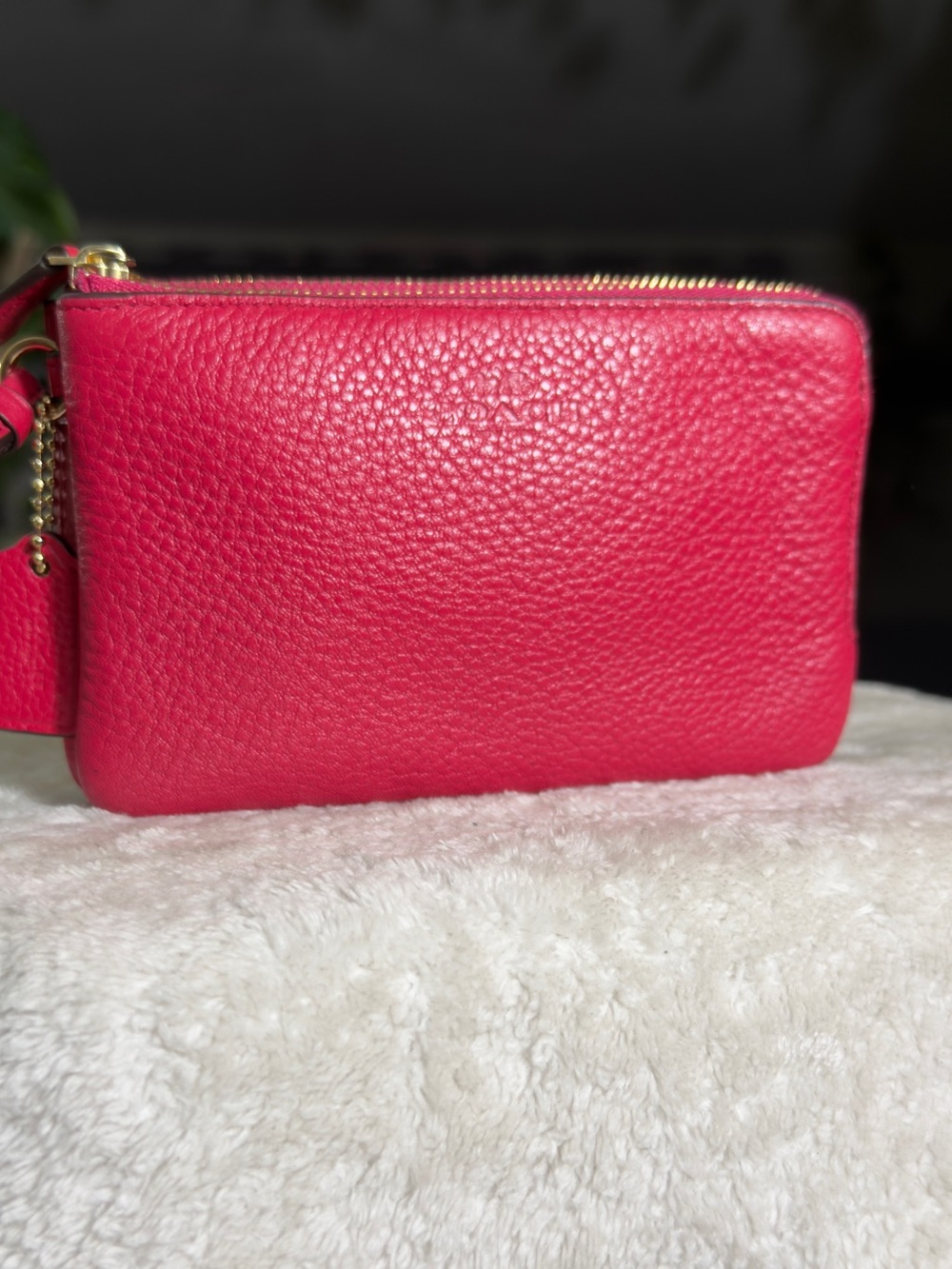 Coach Fuchsia Magenta Pink Pebbled Leather Double Zip Wristlet Wallet Clutch